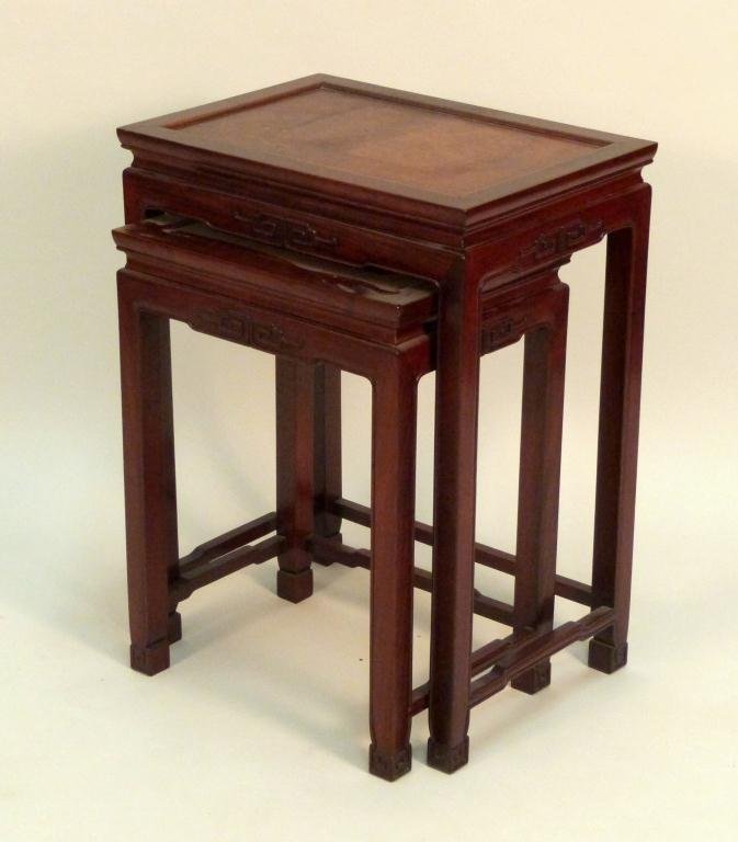 Nest of Two Chinese Stands: Rosewood, with burled tops, 20W x 14"D x 26" tall."
