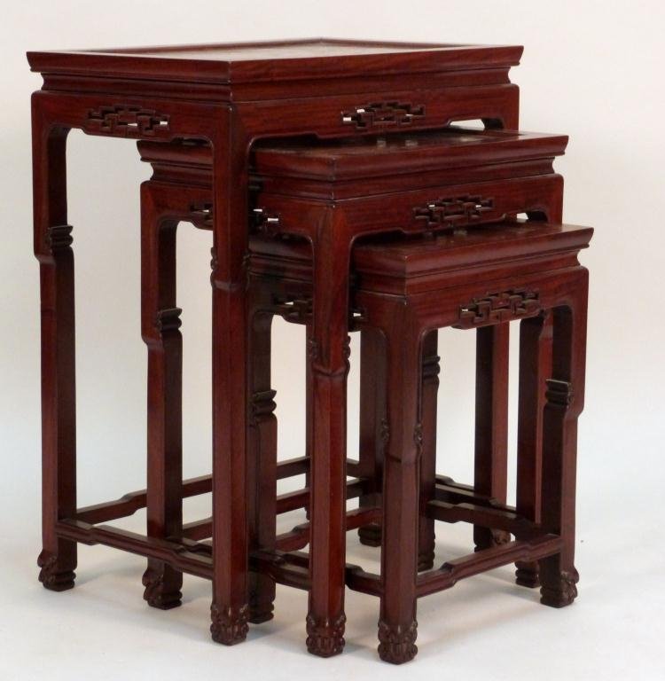 Nest of 3 Chinese Stands: Rosewood, open carvings. inset burled tops. 20W X 14"D X 26"Tall."