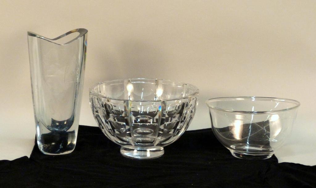 Three Scandinavian Crystal Articles: Stromburg vase and two Orrefors bowls, larger with small chips.
