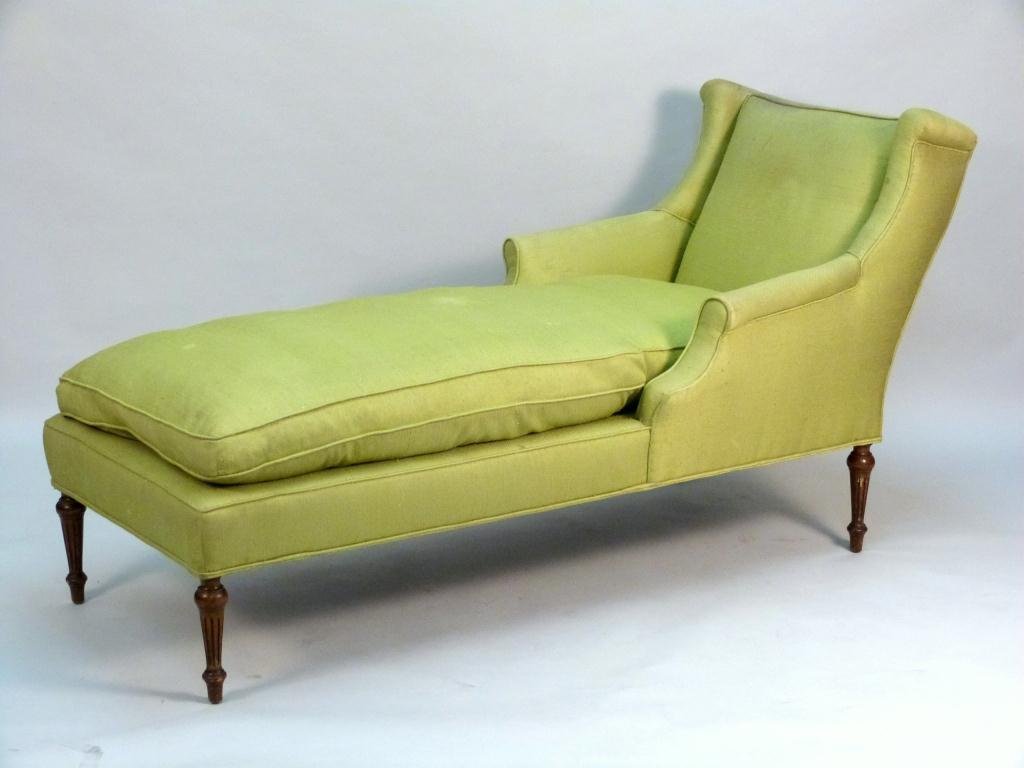 Louis XVI Style Long Chaise Lounge: Square frame with slight roll arms, worn upholstery, down cushion, 30 W x 66" D x 35" T."