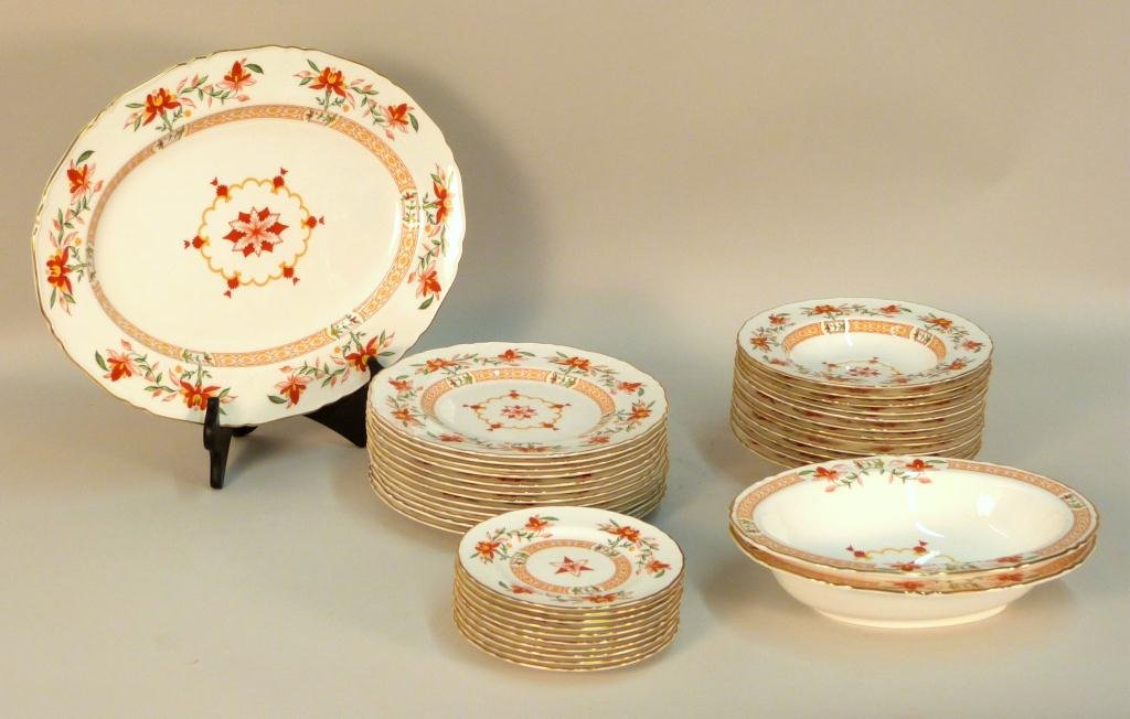 Royal Worcester Partial Diner Set: Chamberlin pattern, 12 9 plates, 12 8" bowls, 10 6" plates, pair of bowls, platter 12" x 16"."