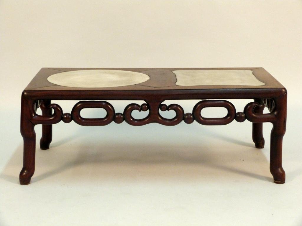 Chinese Low Table: Square and round inset marble tops on a rosewood frame, sculpted open apron. 30W X 16" X 11" Tall."