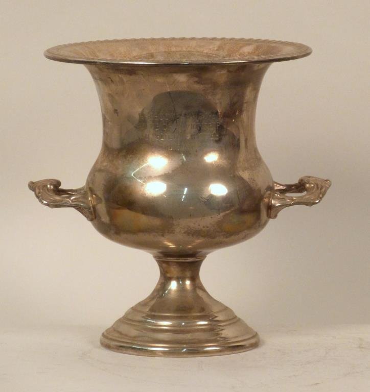 Silver Plated Wine Cooler / Trophy Cup: Campana shape, marked Sheridan Taunton Silversmiths P P Brass, 11 W x 9 1/4" W."