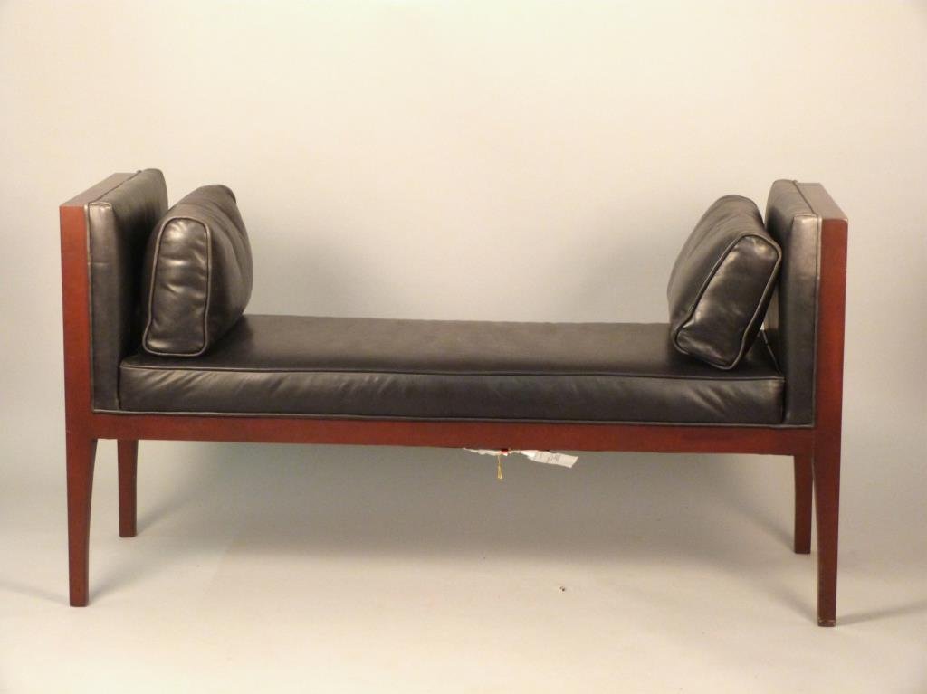 Jonathan Adler Style Leather Bench: Wood frame with leather cushions, some sun fading. 55 W x 19" D x 30" H."