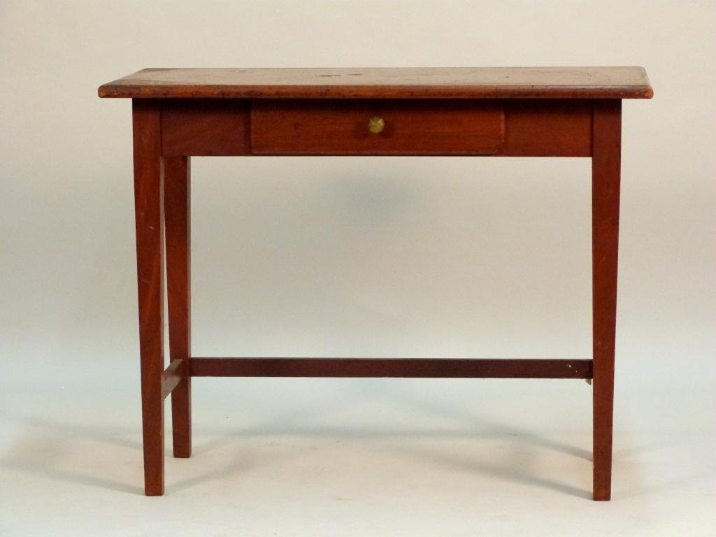 Hepplewhite Style 1 Drawer Table: 3/4 lower outer stretcher. Worn top. 36W X 18"D X 27"tall."