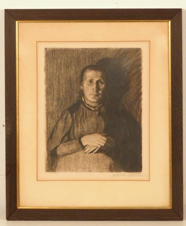 Kathe Kollwitz (German, 1867-1945): Etching, Frau mit uebereinandergelegten haenden (Woman with folded hands), pencil signed lower right, image: 10 7/8 H x 8 1/2" W, frame: 17 3/4" x 15 3/4" W, provenance on back."