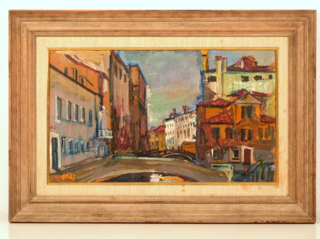 Arbit Blatas (Lithuanian, 1908-1999) - Oil: Oil on canvas, Venice canal scene, sll, 13 x 22" (20" x 28 1/2"), provenance on back."