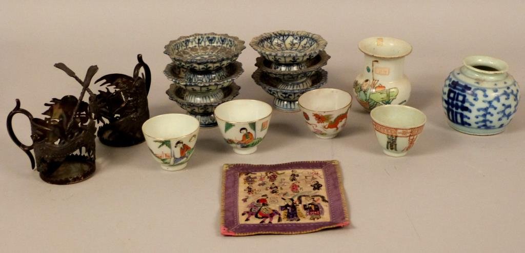 Lot of Chinese and Other Asian Articles: Including two metal cup with spoons, four tea cups, one small vase, one small jar, a set of six blue and white bowls on pedestal bases, and one textile, textile: 5 5/8 W x 6 1/2" H."