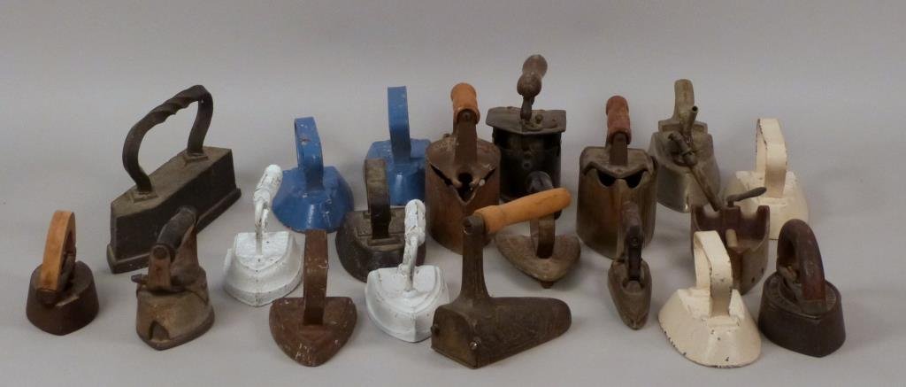 Collection of Vintage and Reproduction Irons: 20 irons, some with wooden handles, some painted.