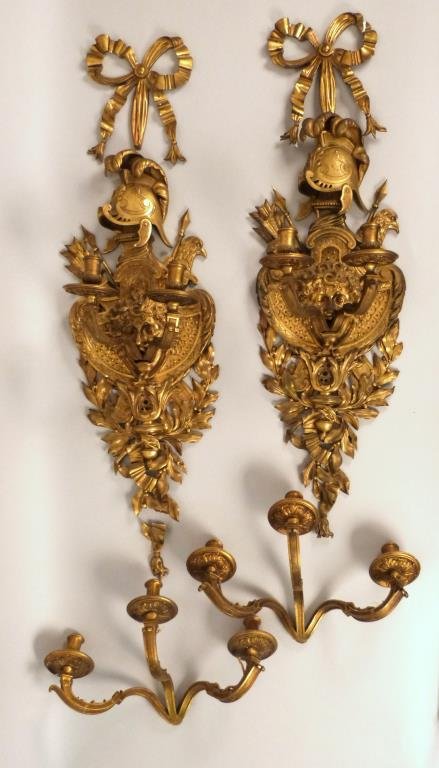 Pair of Large French Bronze Sconces (as is): Ribbon pediment above feathered helmet, back plate with arrow and eagle handle sword surrounding face of medusa, two mounted arms, and three mountable arms, needs restoration, 41 complete T x 18" W x 