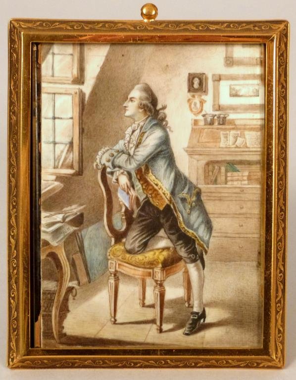 Framed Miniature Painting: On vellum, study of a man, 4 7/8 H x 3 7/8" W."