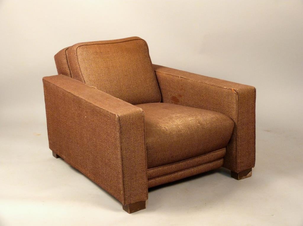 Gilbert Rohde for Herman Miller Lounge Chair: With square back, rectangular slab sides, stepped detail, and small wood block feet, 33 W x 46" D x 26" H."