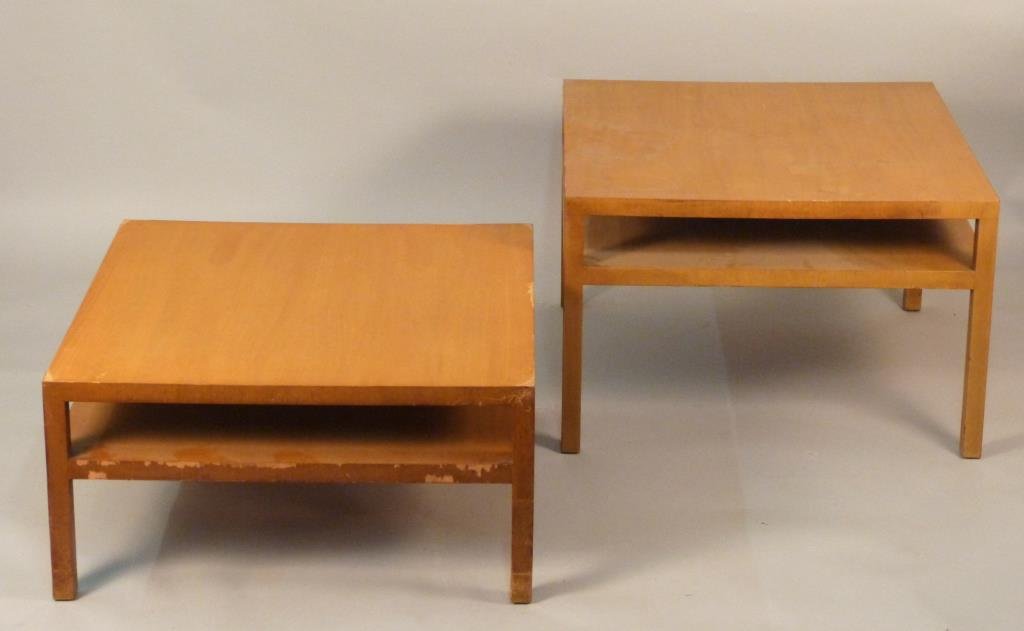 Two John Stuart Occasional Tables: Both two tier parsons style, both 34 square, one 17" H, one 22" H, veneer losses to both."