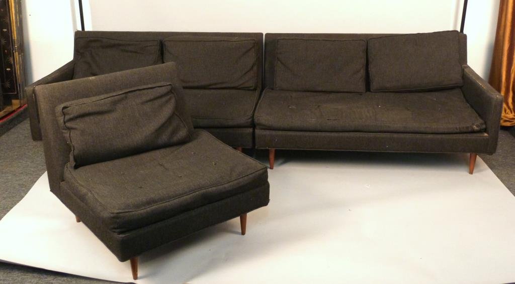 Harvey Probber Sectional Sofa: On tapered wood legs, settees 54 1/2 L x 32" D x 28 1/2" H, chair 30 1/2" L, upholstery in poor condition."