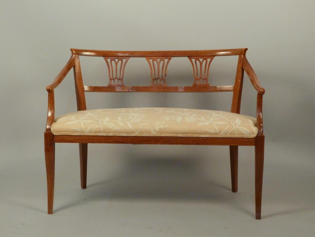 Edwardian Style Settee: With sculpted back and upholstered seat, 41 W x 19 1/2" D x 29" H."