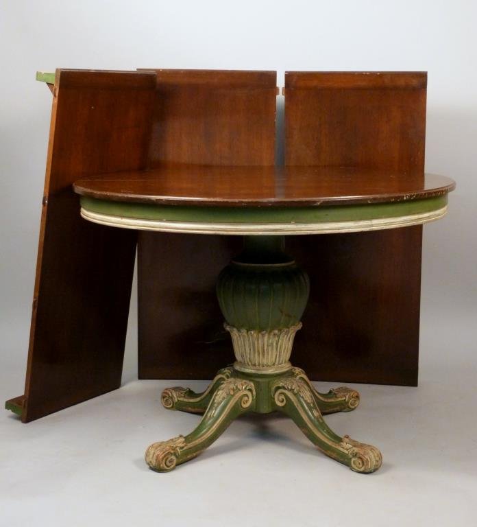 French Style Round Extension Dining Table: Painted pedestal base with four splay legs, three painted apron leaves, 41 1/2 D x 29 1/2" H, leaves: 18" W, some scratches."