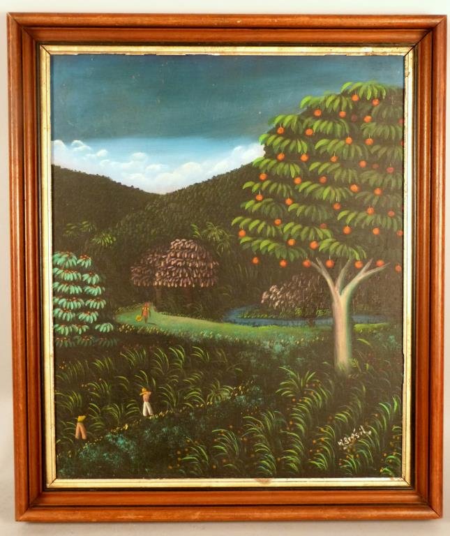 A. R. Brasil (Haitian): Oil on board, Haitian countryside with stream, slr, 23 1/2 H X 19 1/2" W (27" x 24")."