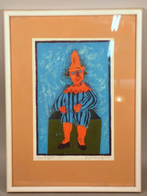 Signed Illegibly, Three Lithographs: Blue Puppet," signed and dated 1976 8/25, 12" H x 8" W (20" H x 14" W), together with "Bicycle Puppet" artist proof, and "Punch" 17/25."