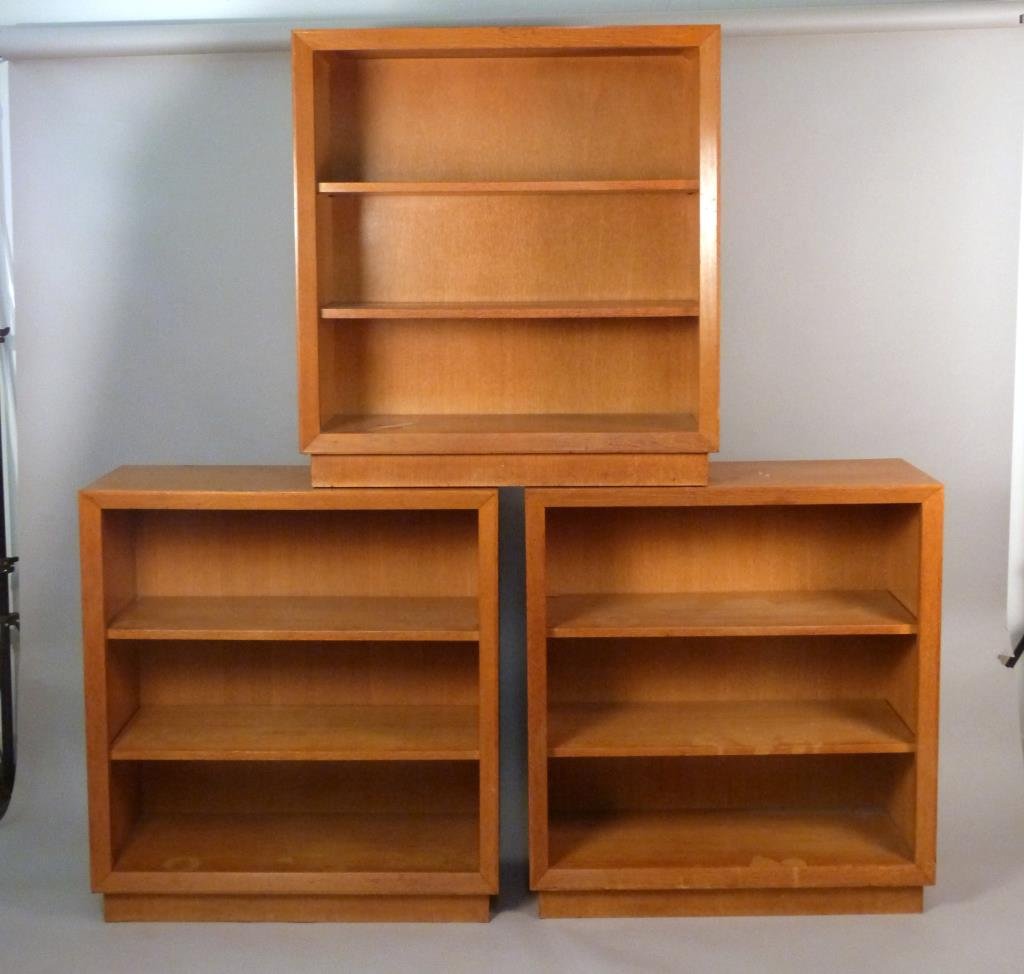 Set of Three John Stuart Bookcases: Framed bodies, three shelves each, 36 W x 14" D x 39" H, finish needs work."