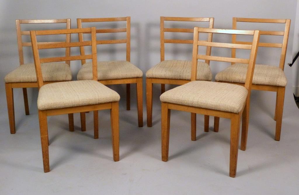 Set of Six John Stuart Dining Chairs: Slat backs with upholstered seats, 17 1/2 W x 17 1/2" D x 31 1/2" T, marked."