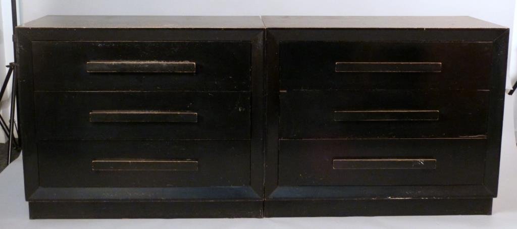 Pair of John Stuart Ebonized Chests: Framed bodies, three drawers each, marked, 39 1/2 L x 19" D x 31 3/4" T."