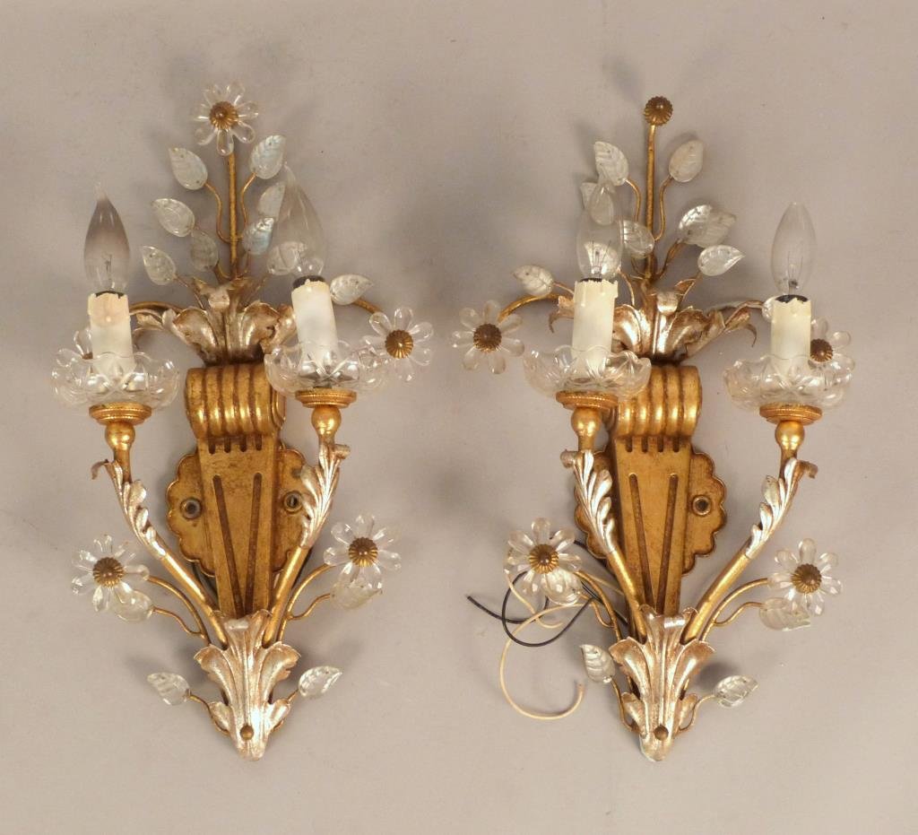 Pair of Gilt and Silvered Metal Two Arm Sconces: Pressed glass leaf and floral mounts, one floral missing, 10 W x 19" T."