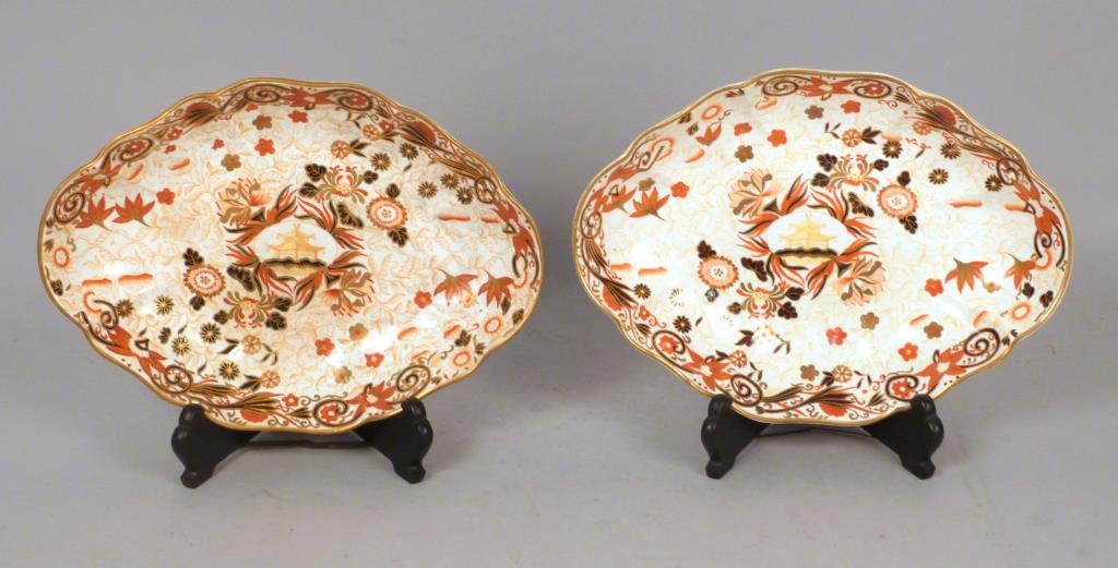 Pair Antique Wedgewood Imari Serving Dishes: Decorated porcelain with foliate rims, 11 3/4 L x 8 1/2" W x 2 1/8" H."