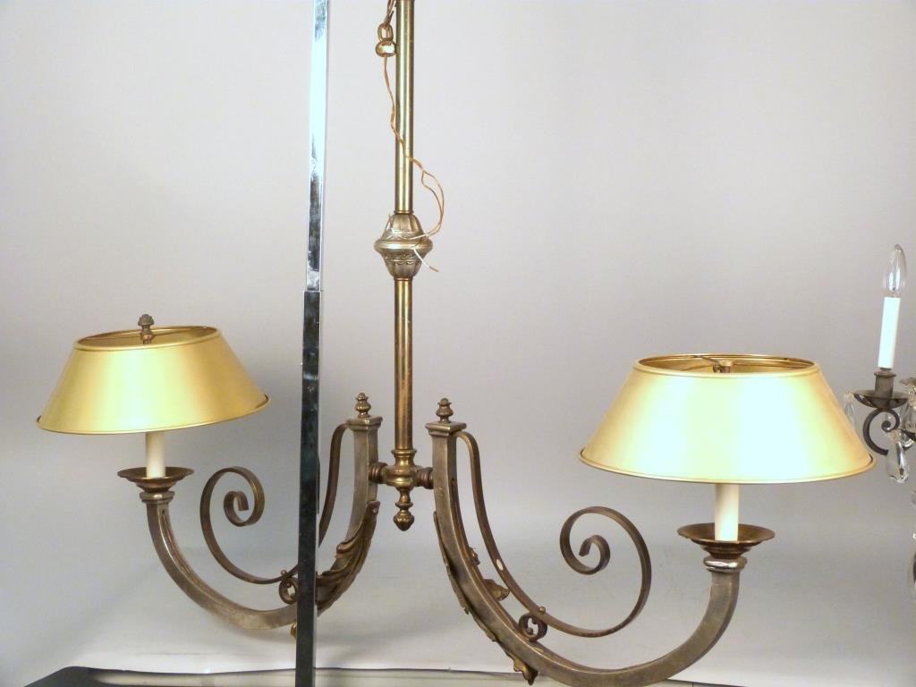 Early 20th C Billiard Fixture: Mixed metal, tole shades, one missing finial, 54 W x 40" T."