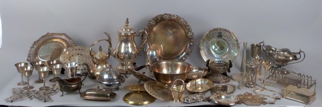 40+ Silver Plate and Other Metal Articles: Including trays, lids, bowls, hand mirrors, cups, electric coffee pot with cord, etc.