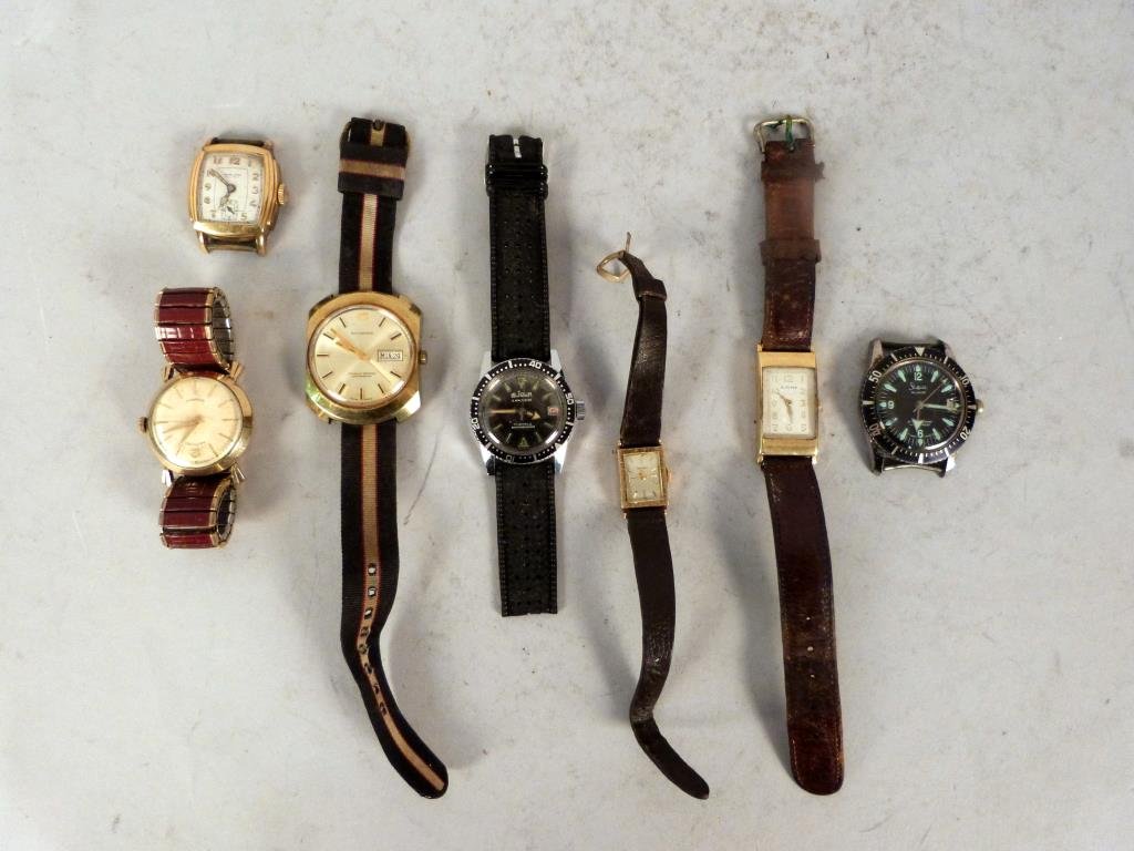 Seven Man's Watches: Hamilton, Bucherer, Glycine, Longine etc largest face is 1.25 inches wide.