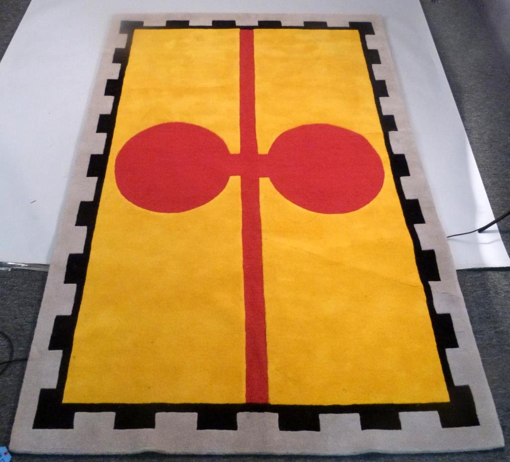 David Shaw Nicholls Pile Rug 5'10 x 9'": Chivalry Yellow" pattern. Yellow, red, gray, black. Hand tufted.