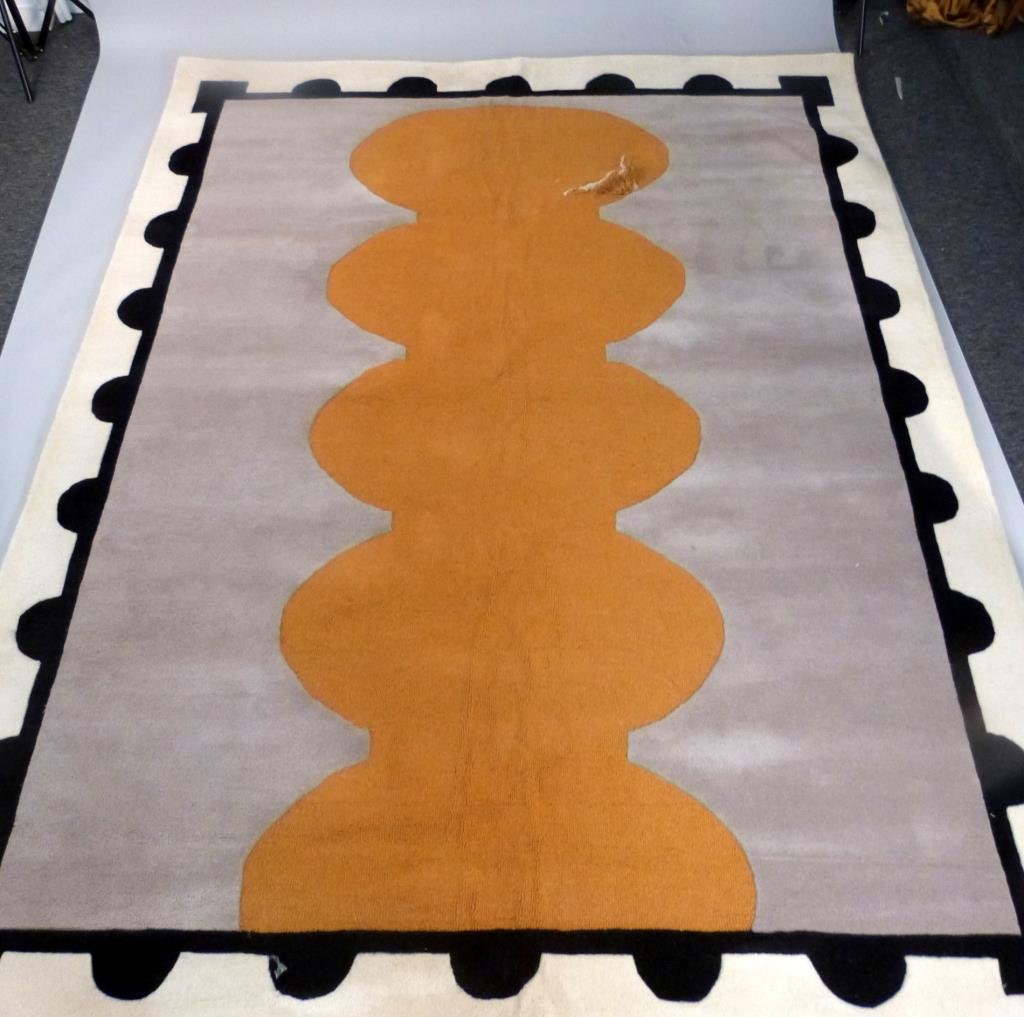 David Shaw Nicholls Pile Rug 8' x 10': 'Chivalry Arms' pattern. Ocher, gray, black, white, 8 1/2 x 9" - Hole tear, As Is."