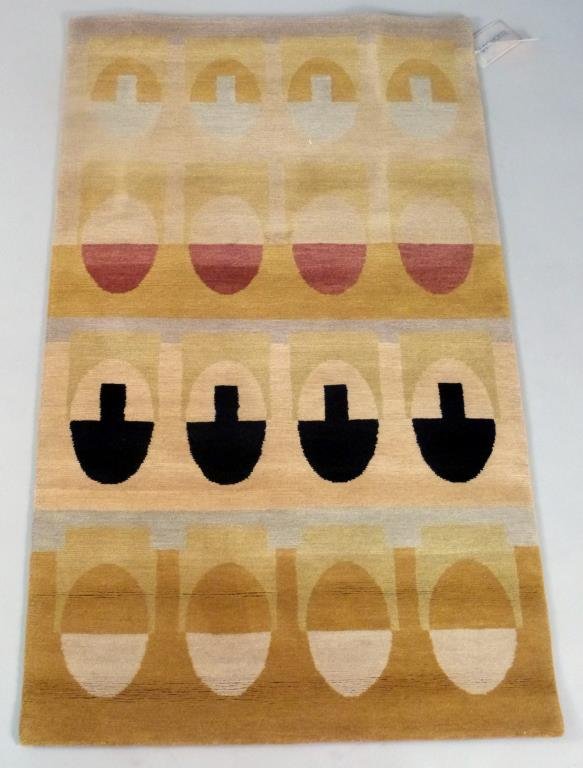 David Shaw Nicholls Tibetan Wool/Silk Rug 3' x 5': 'Argyle' pattern. Ocher, blue, black, red.
