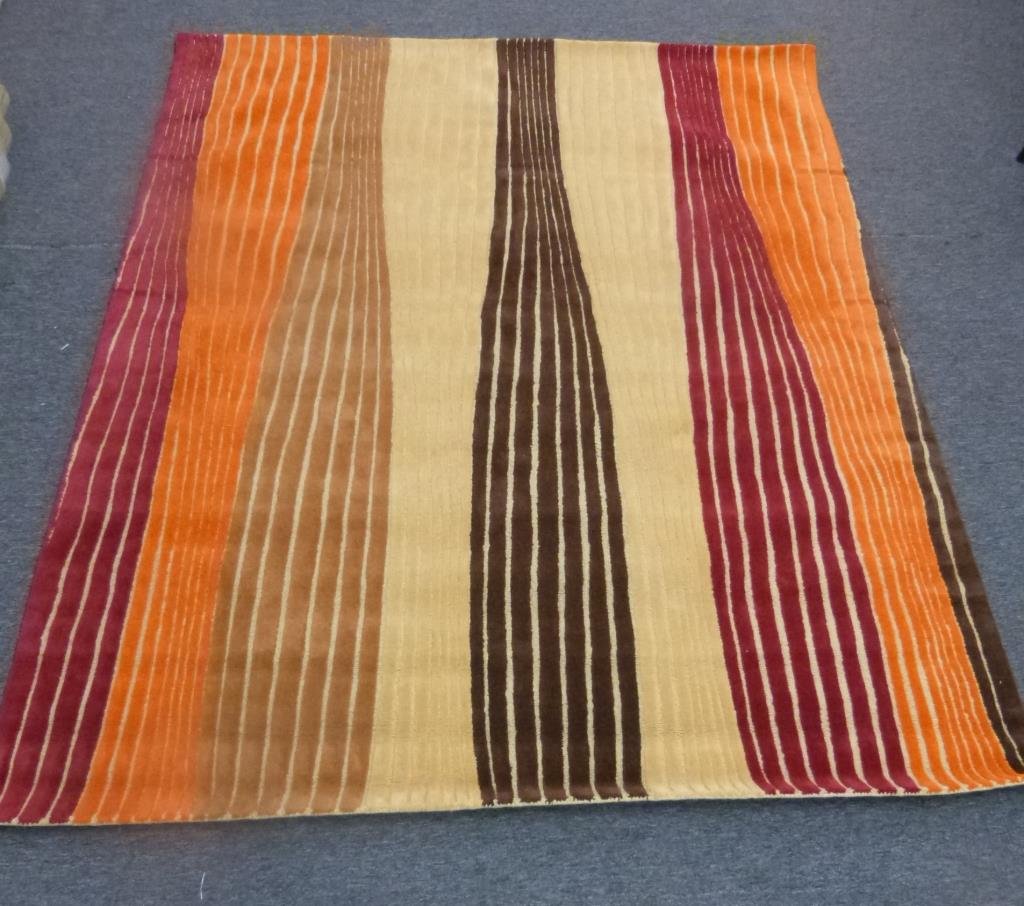 David Shaw Nicholls Pile Rug 8'5 x 10'10"": ''Riley Rhythm Saffron' pattern. Red, orange, tan, brown.