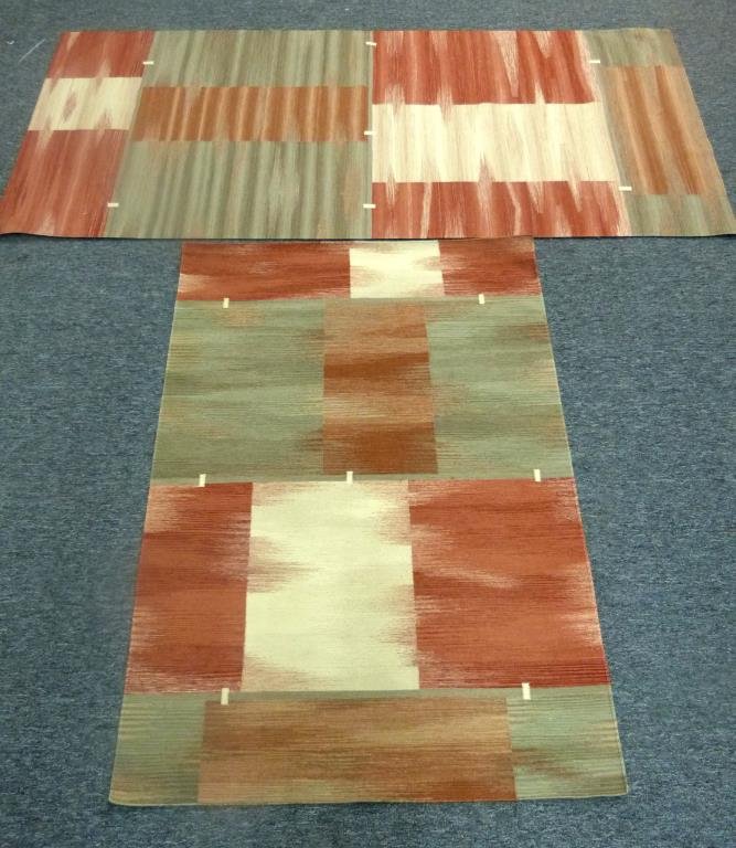 2 David Shaw Nicholls Rugs 4'2 x 6' & 4'3" x 9'1": 'Caspian Red' pattern. Hand woven Flat weave, in the Besarabian family. greens, reds, cream.
