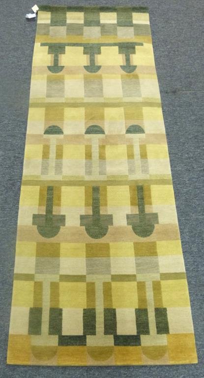 David Shaw Nicholls Tibetan Runner 3'1" x 9'1": 'Carlisle' pattern. Green, yellow, cream.