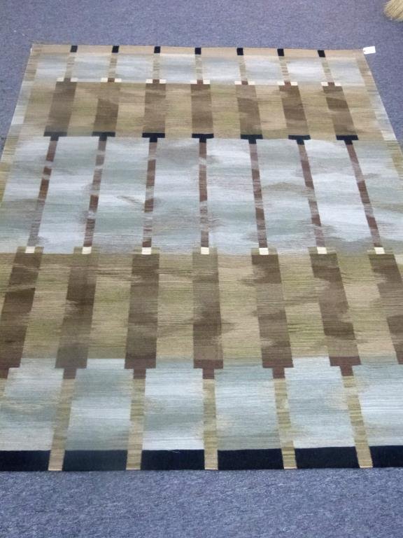 David Shaw Nicholls Flat Weave Rug 8' x 10': 'Amalfi' pattern. Greens, black, cream. Hand made Argentinian wool Flat Weave in the Bessarabian family. Rare, not to be made again.
