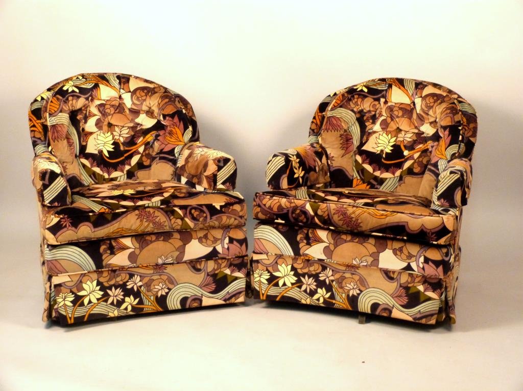 Pair of Mid-Century Chairs: With swivel and tilt, in bright and crisp Jack Lenor Larsen velveteen fabric, made by State of Newburgh, 28 W x 29" D x 30" H."