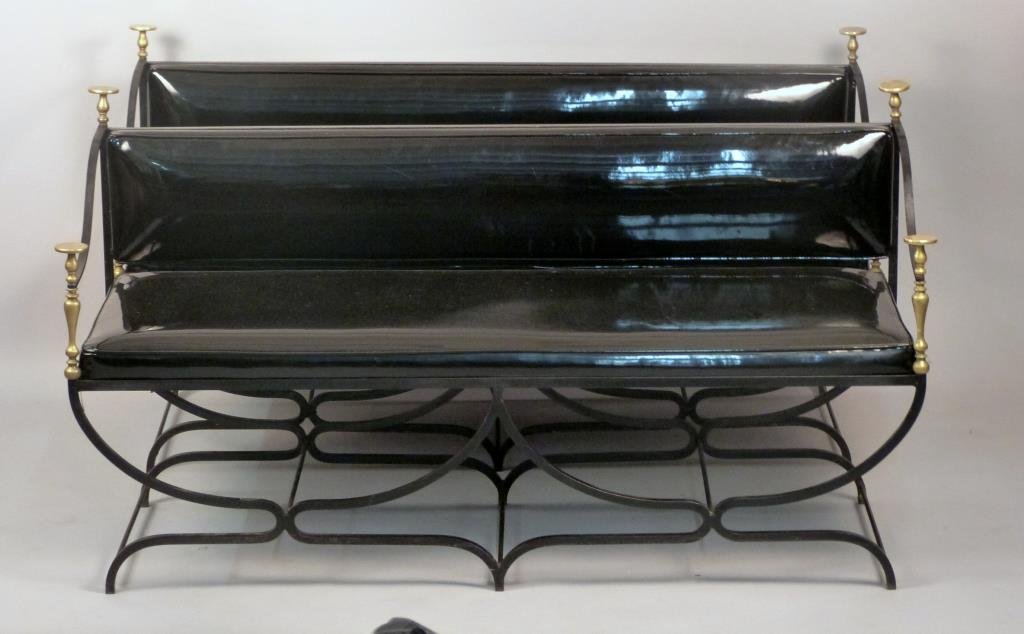 Pair of Brass and Wrought Iron Settees: With patent vinyl upholstery, 61 W x 19" D x 32 3/4" H, one joint disconnected."