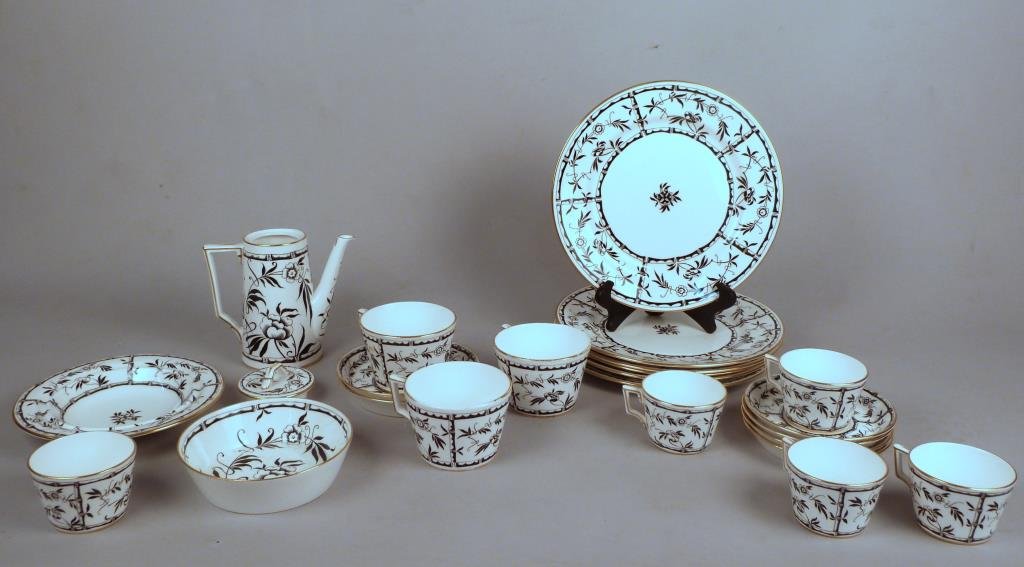 Hammersley & Co. Partial Dinner Service: Black bamboo and floral decoration, gilt rims, six dinner plates (no chips, two retailed by Tiffany), three coffee cups, two coffee saucers, four tea cups, four tea saucers, three small bowls, one cof