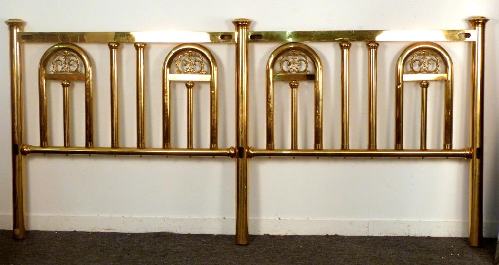 Large Brass Headboard: Tubular brass and molded brass design, 110 W x 51" H."