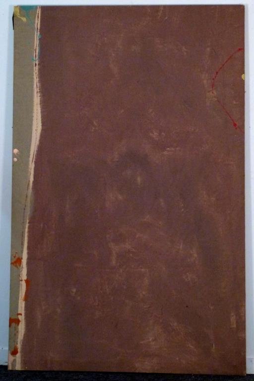 Large Contemporary Minimalist Painting: Gray, green, red, 89 H x 57" W."