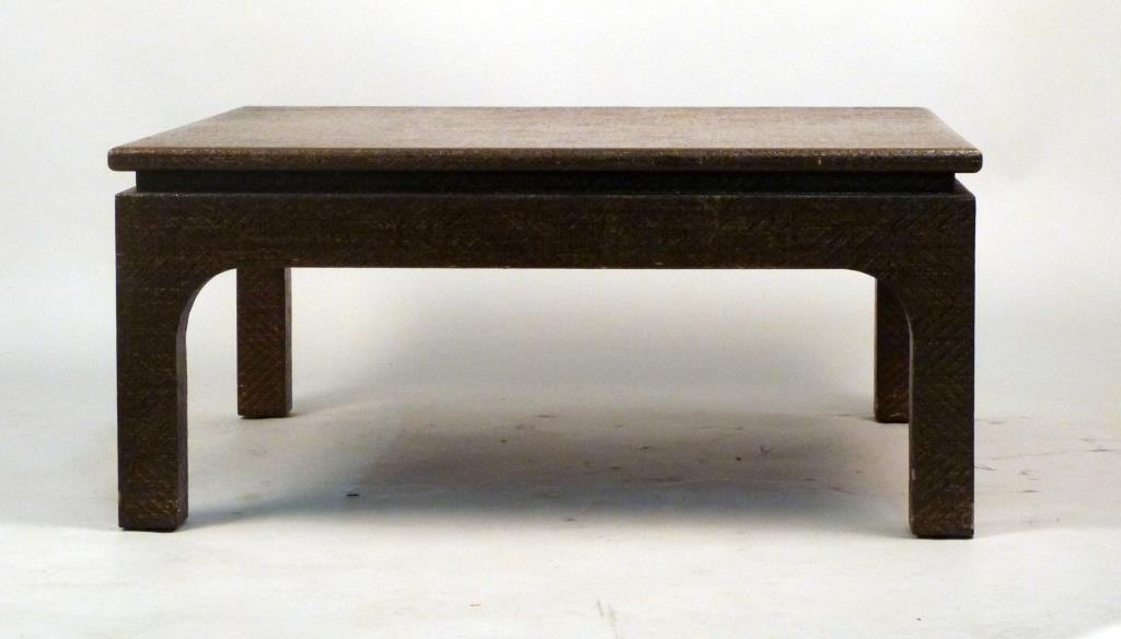 Harrison Van Horn Coffee Table: Asian inspired grass cloth coffee table in the manner of Karl Springer by Harrison Van Horn, c. 1980, 36 D x 36" W x 16" H."
