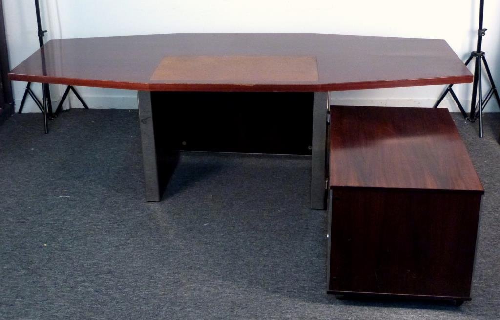 Ico Parisi for MIM L Shaped Desk: Inset leather writing surface on bowed top, chrome trim, and hinged credenza return, desk: 94 1/2 W x 39 1/2" D x 30" H, credenza: 35 1/2" W x 24" D x 23" H, some veneer losses, marked MIM (Mobil Ital