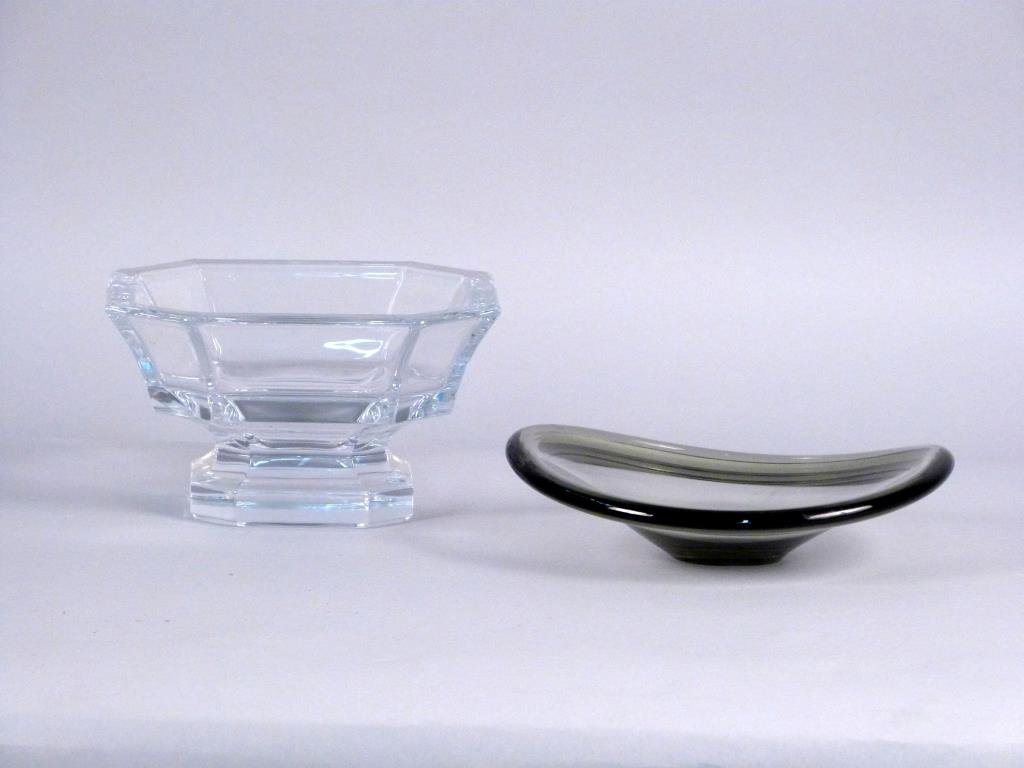 Sevres Crystal Bowl & Scandinavian Bowl: Sevres of geometric form on pedestal foot, together with a Holmegaard Scandinavian art glass bowl, Sevres: 8 1/2 D x 8 1/2" W x 5" H."