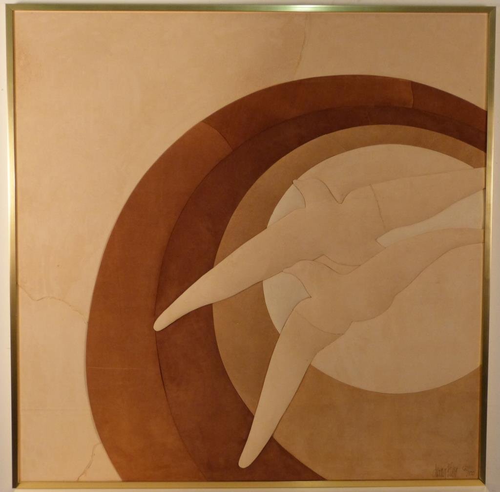 Diana Risa - Suede Collage: Of birds against sunset, signed lower right, numbered 67/100, slight imperfections, 48 H x 48" W."