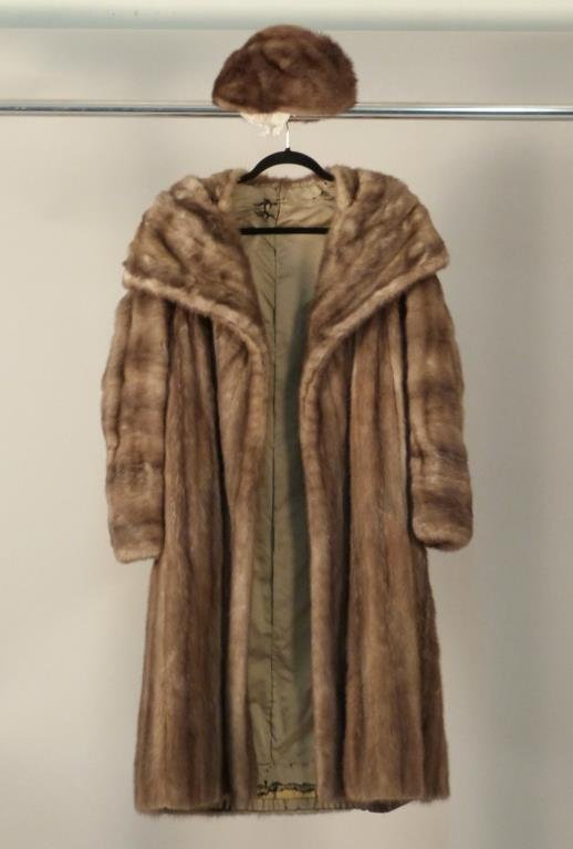 Tan/gray Fur Coat and Hat: 3/4 length coat, some tears to lining, together with a fur hat. Retailed by James V. Hochman, New York."