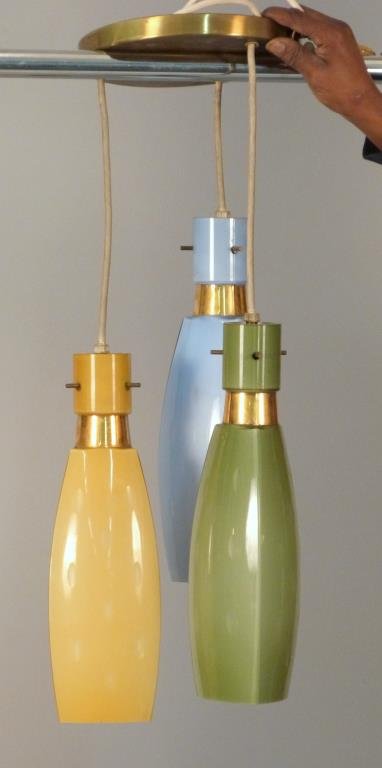 Mid-century Cased Glass Chandelier: Yellow, blue, and green dimpled pendants, flush mounted, 10 D x 28" H."