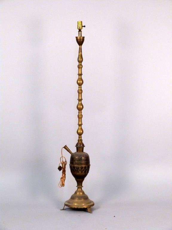 Middle Eastern Hookah Pipe" Floor Lamp": Incised and ebonized brass, restorations. Possibly Moroccan. 51 H."