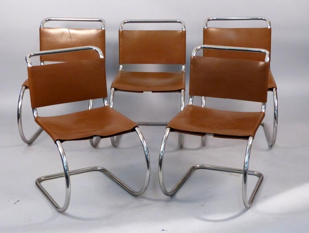 5 Mies van der Rohe for Knoll MR Chairs: With replaced lace-on leather seats and backs over the chromed tubular steel frames, 19 W x 14 1/2" x 31" H."